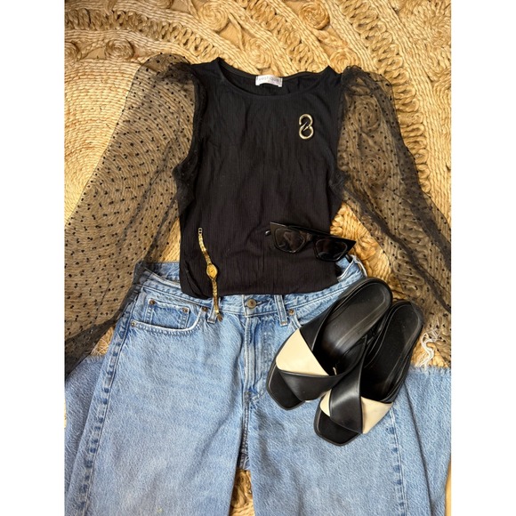 vestique Tops - Vestique Black‎ Ribbed Swiss Dot Mesh Puff Sleeve Bodice Bodysuit Small